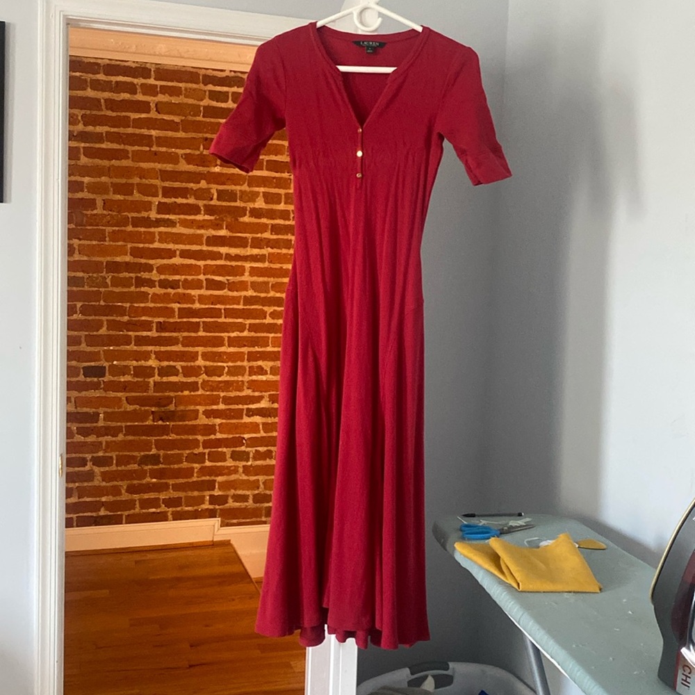 Ralph Lauren Red Cotton Knit Midi Dress